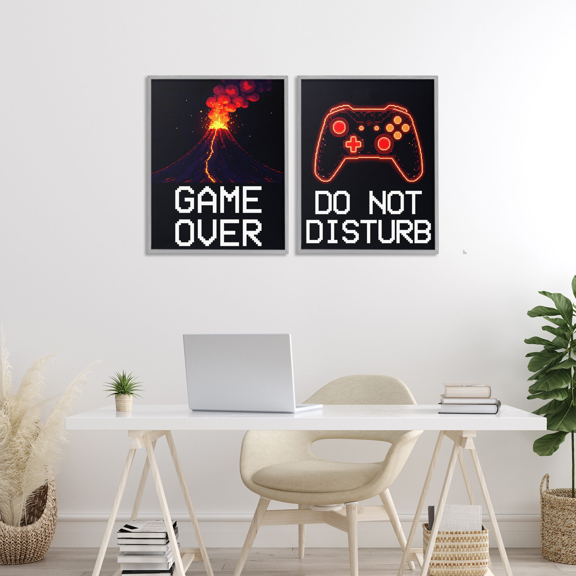 Pixel Game Sentiments 2 Piece Gray Framed Giclee Art Set, design by Kim Allen