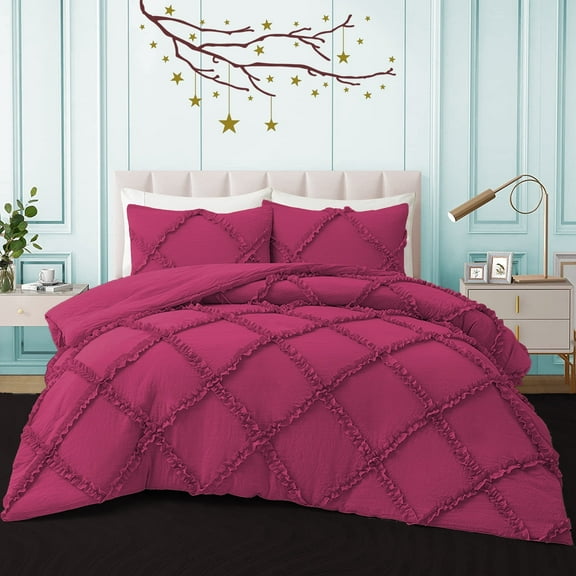 BedDecor 100% Egyptian Cotton Hot Pink Full/Queen Size 3Pcs Diamond Ruffle Duvet Set Solid