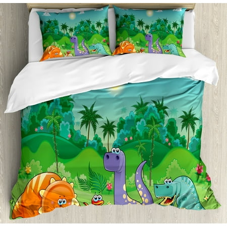 Nursery King Size Duvet Cover Set Funny Dinosaurs And Tropical Nursery King Size Duvet Cover Set Funny Dinosaurs And Tropical Rainforest Cartoon Jungle Green Landscape