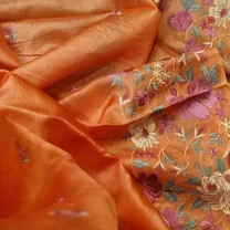 Orange Pure Tussar Silk Embroidered Saree