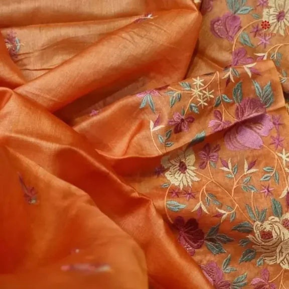 Orange Pure Tussar Silk Embroidered Saree