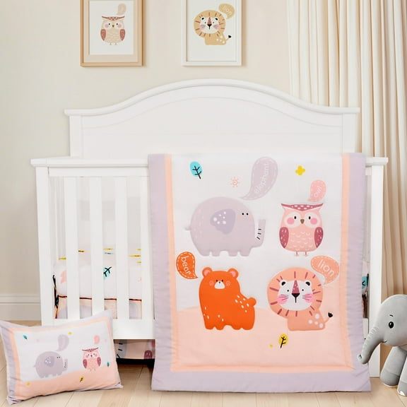 4-Piece Forest Animals Crib Bedding Set | Soft Nursery Comforter, Fitted Sheet, Pillowcase & Skirt (Standard Crib Size)