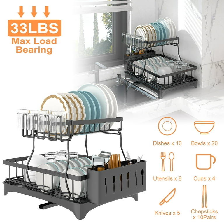 Dish Drying Rack with Drainboard, iMounTEK Detachable 2-Tier Dish Rack  Drainer Organizer Set with Utensil Holder Cup Rack Swivel Spout for Kitchen