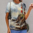 thumbnail image 6 of Lighthouse Sunrise Coast Scenery Pale Blue Tan Womens Tops Women's Fashion Casual Short Sleeve Flower Print Round Neck Pullover Top Blouse, 6 of 6