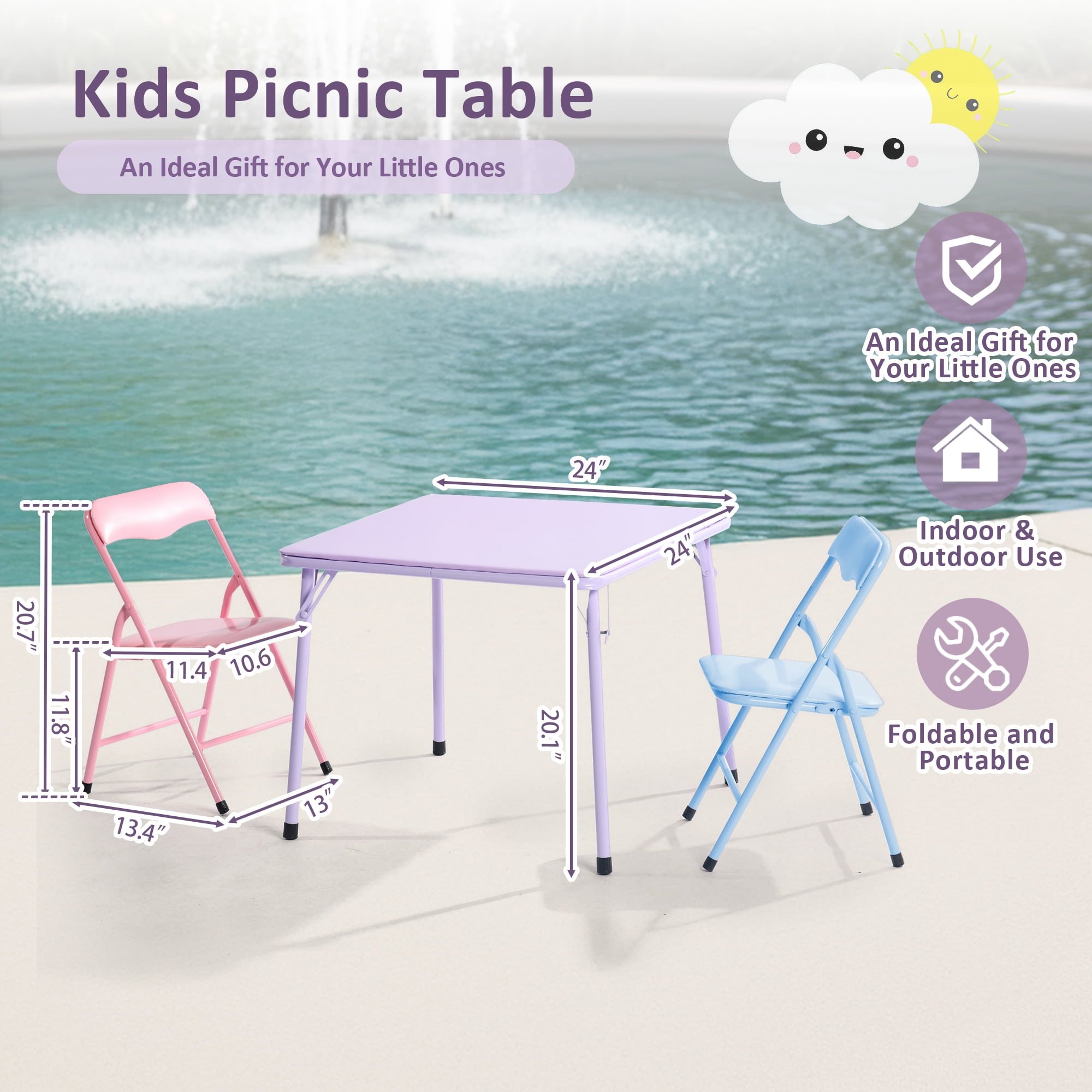 Homy Casa Kids Picnic Table Set of 3, Foldable Table and Chairs for Outdoor & Indoor Play