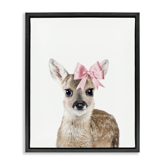 Stupell Industries Fawn with Pink Bow Animals Painting Black Floater Framed Canvas Art Print Wall Art, 17 x 21