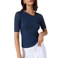thumbnail image 4 of INSPIRE CHIC Women's Half Sleeves Solid Color Stretchy Basic Top Slim Fit T-Shirts Tight Casual Tees S Navy, 4 of 6