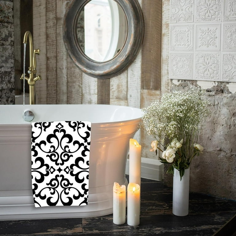 Coolnut Sets of 2 Black and White Hand Towels for Bathroom Damask Floral Bath Towel Decorative Towels 30x15 Soft Absorbent Fingertip Towels Black and