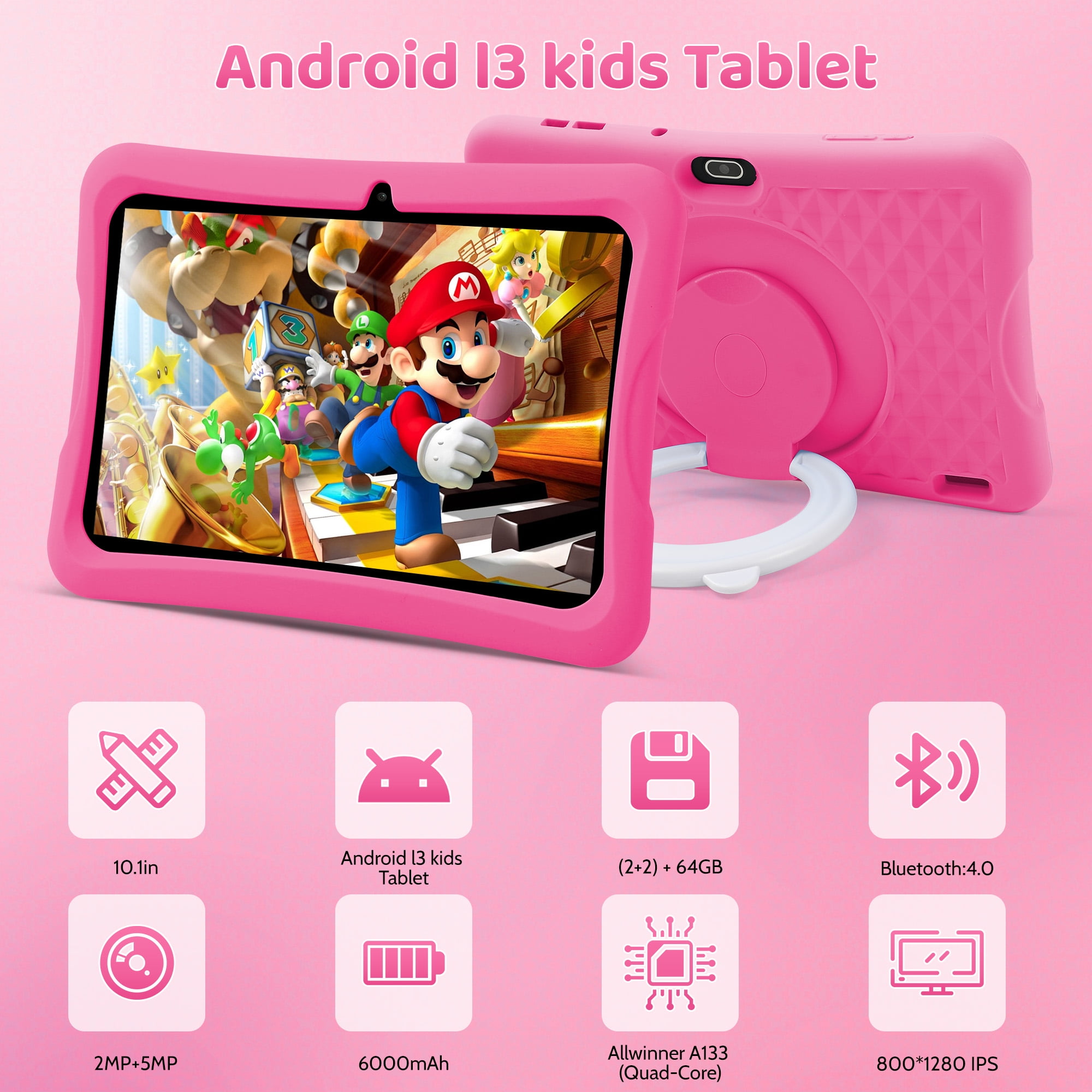 TEAYINGDE Kids Tablet 10.1" Android 13 Tablet 2.4GHz with WiFi 64GB Tablet for Ages 3–8 Kids Tablet with Silicone Case Google Play Parental Control APP （Pink）