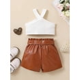 thumbnail image 3 of Arvbitana Little Kid Girl 2pcs Clothes Set Cross Halter Crop Vest Elastic Waist Leather Shorts With Belt Toddler Summer Outfits 2T 3T 4T 5T 6T 7T, 3 of 9