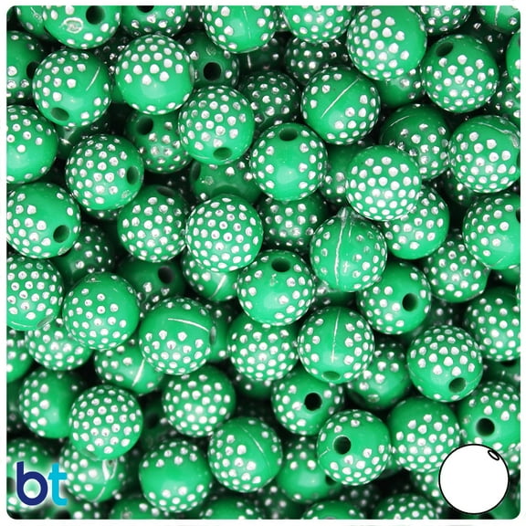 BeadTin Dark Green Opaque 10mm Round Plastic Accent Beads - Silver Dots (100pcs)