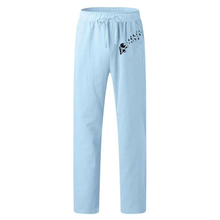 Light Blue Pants For Men Mens Fashion Casual Printed Linen Pocket