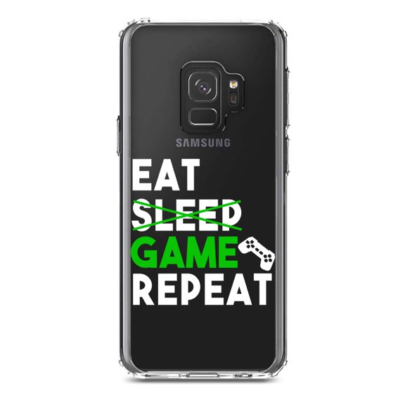 DistinctInk Clear Shockproof Hybrid Case for Samsung Galaxy S9 (5.8" Screen) - TPU Bumper Acrylic Back Tempered Glass Screen Protector - Eat Game Repeat - Video Games Gamer