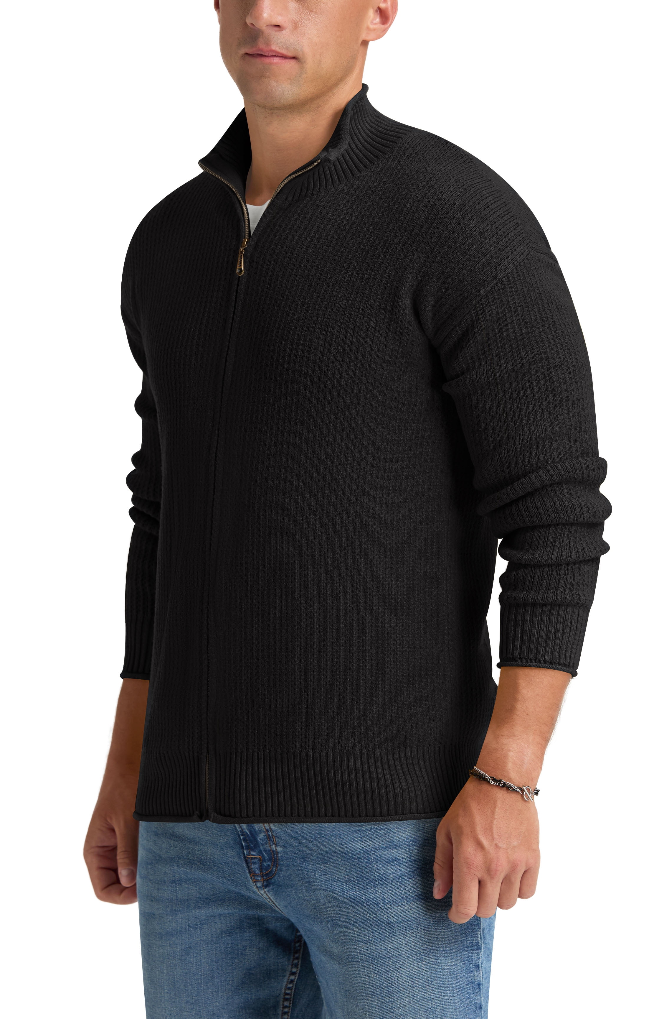 Iceglad Men's Knit Cardigan Sweater Full Zip Mock Neck Ribbed Long Sleeve Lightweight Knit Jacket