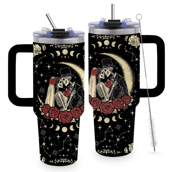 40oz Skull Love Tumbler Gifts for Women, Water Bottle with Handle and Straw, Stainless Steel Coffee Travel Mug Cup, Anniversary Birthday Gifts for Your Lover