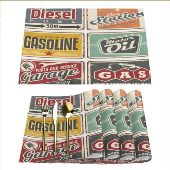 Gas Stations Placemats Set of 6 Fabric Placemats Square Placemat for Kitchen Table Heat Resistant, Easy to Clean Table Placemats 12x18 Inch