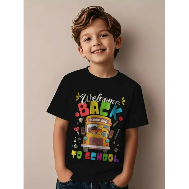 Welcome back to school" Happy cartoon school bus graphic t-shirt - black casual round neck t-shirt for boys and girls, perfect for the first day of school or summer outings, casual outing shirt