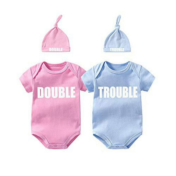 YSCULBUTOL Twins Bodysuits Funny Double Trouble Pack of 2 Twins Set with hat (Pink Blue, 3-6 Months)