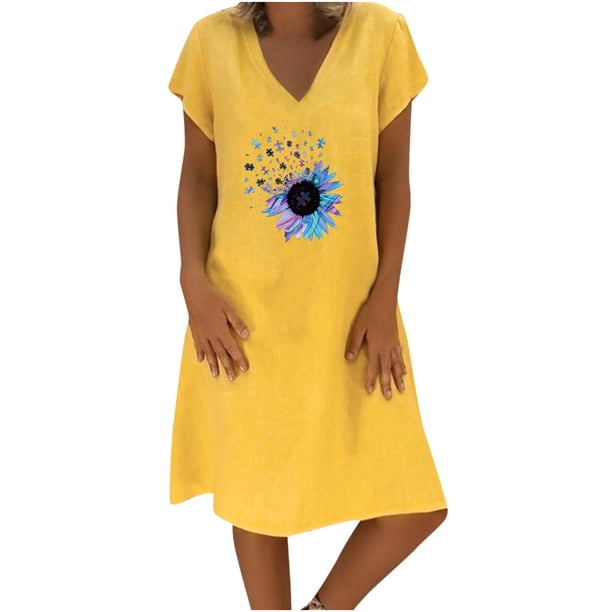 Vestido de algodón y lino de manga corta con estampado de verano con cuello en V suelto para mujer a la moda Fridja bnh4773