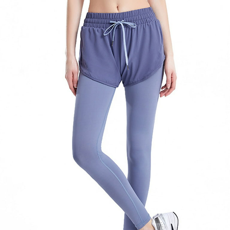 Women's Quick Dry Workout Leggings Shorts Plus Size Fake 2 Piece Drawstring  Elastic Waist Fitness Yoga Pants Clothes