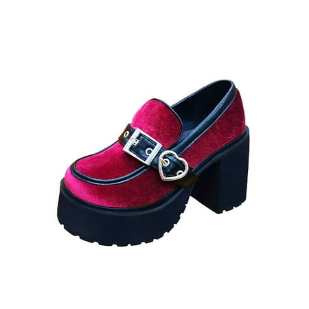 

SIMANLAN Women Mary Jane Lolita Dress Shoe Slip On High Heels Girls Comfort Walking Shoes Ladies Chunky Platform Loafers Wine Red 4.5