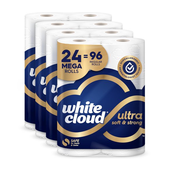 White Cloud Ultra Soft & Strong Toilet Paper, 4 Packs of 6 Mega Rolls = 96 Regular Rolls