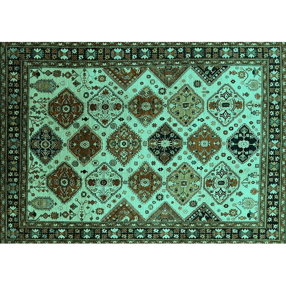 Ahgly Company Machine Washable Indoor Rectangle Oriental Turquoise Blue Industrial Area Rugs, 7' x 10'