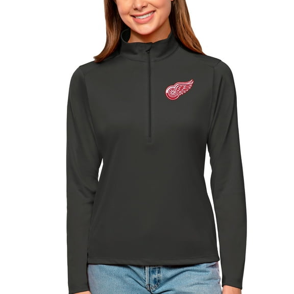 Women's Antigua Charcoal Detroit Red Wings Tribute Quarter-Zip Pullover Top