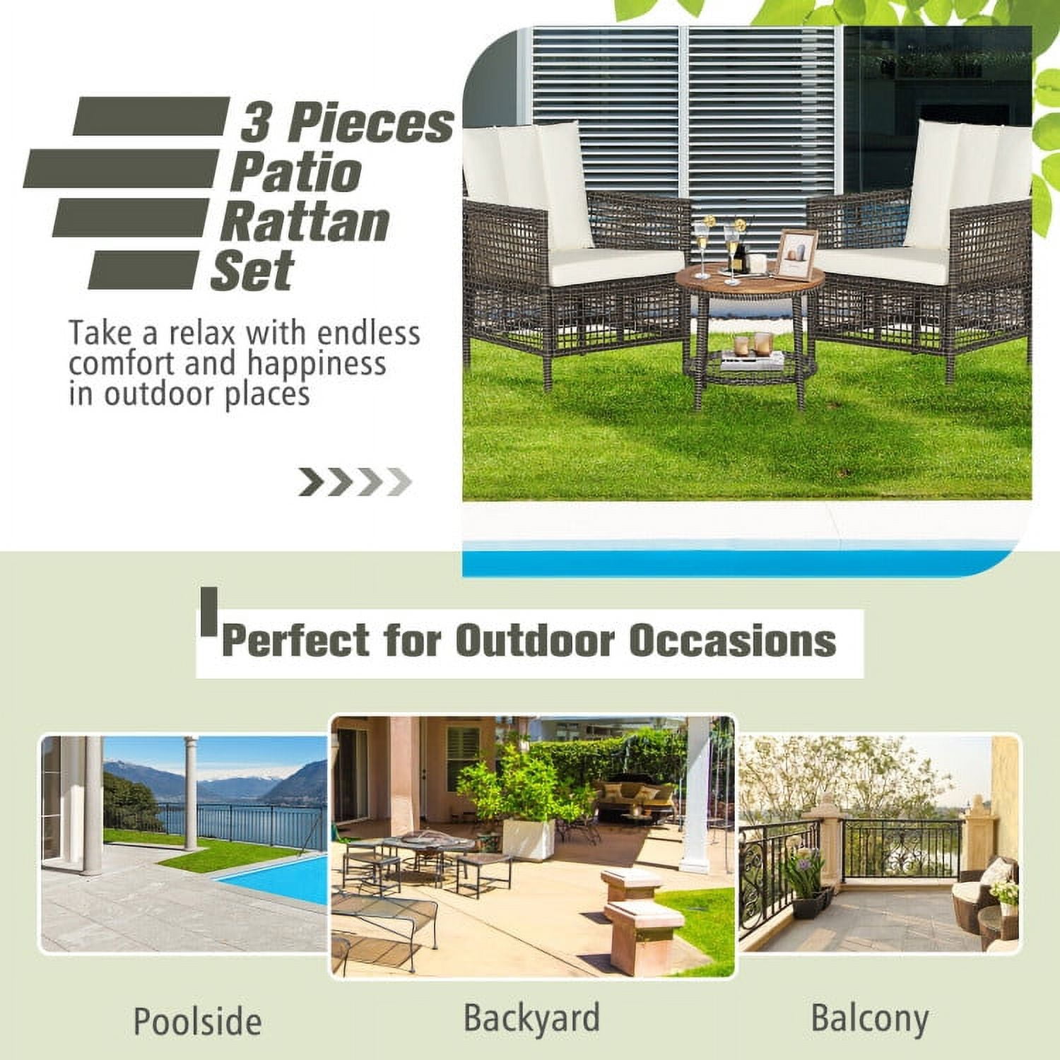 Aimee Lii 3 Pieces Patio Rattan Cushioned Conversation Set with Acacia Wood Tabletop, Outdoor Patio Furniture Aimee Lii 3 Pieces Patio Rattan Cushioned Conversation Set with Acacia Wood Tabletop, Outdoor Patio Furniture