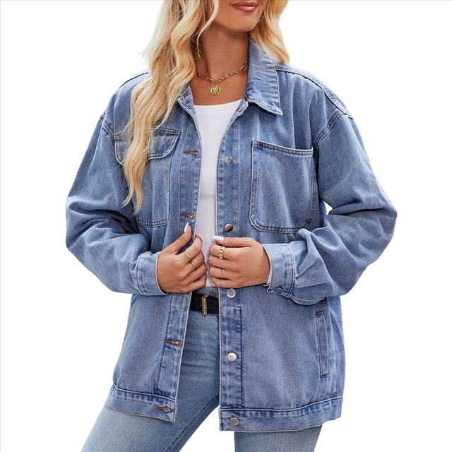 Chaqueta Vaquera Informal de Larga con Solapa y Botones para Mujer, Estilo Boyfriend, Holgada, A . Azul M