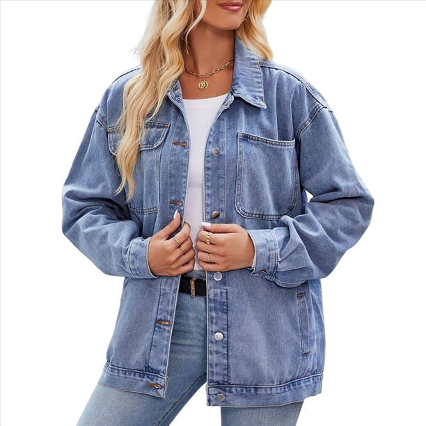 Chaqueta Vaquera Informal de Larga con Solapa y Botones para Mujer, Estilo Boyfriend, Holgada, A . Azul XL
