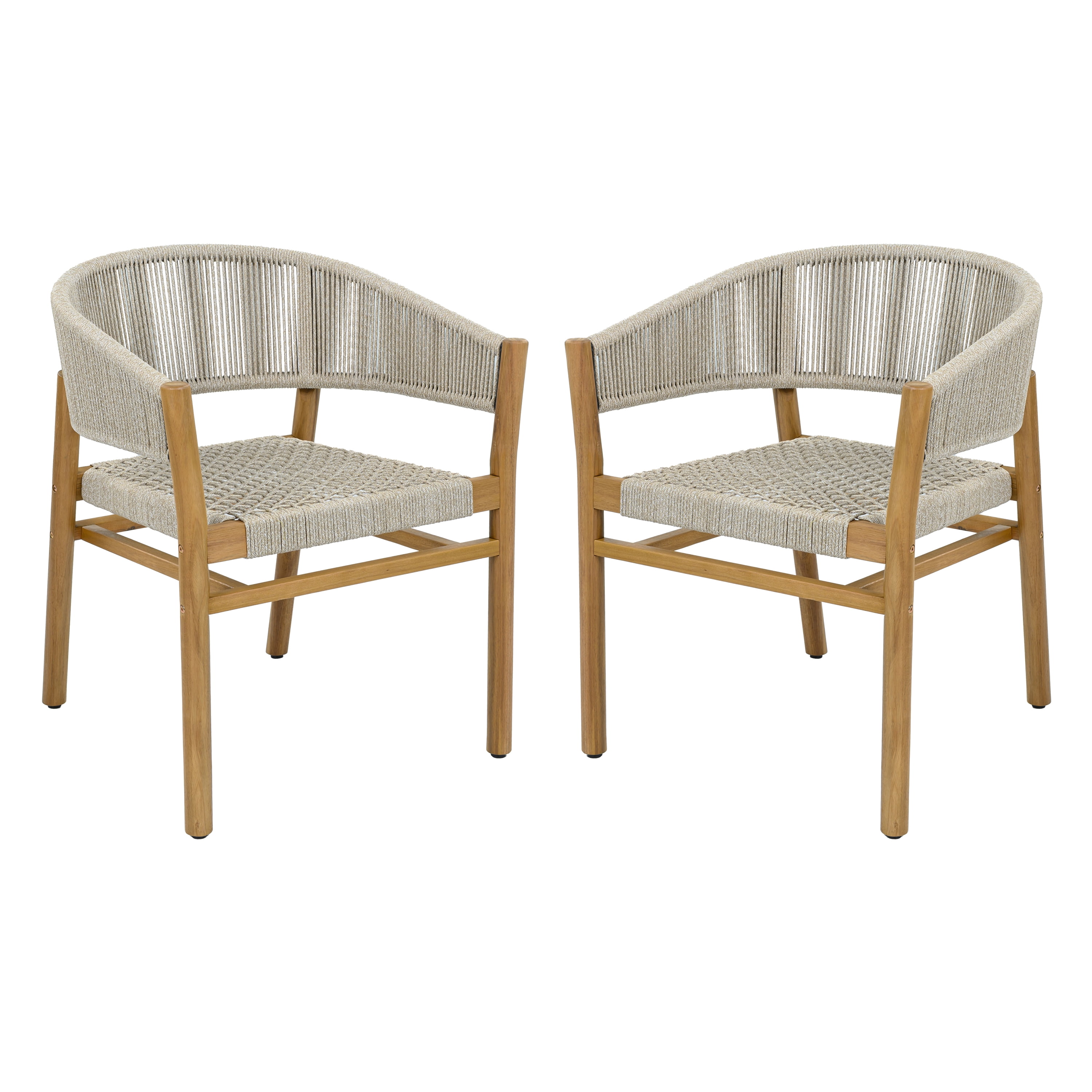 Rope Design Accent Chairs Set of 2, Outdoor Patio Seating Furniture, Teak Finish and Natural Rope