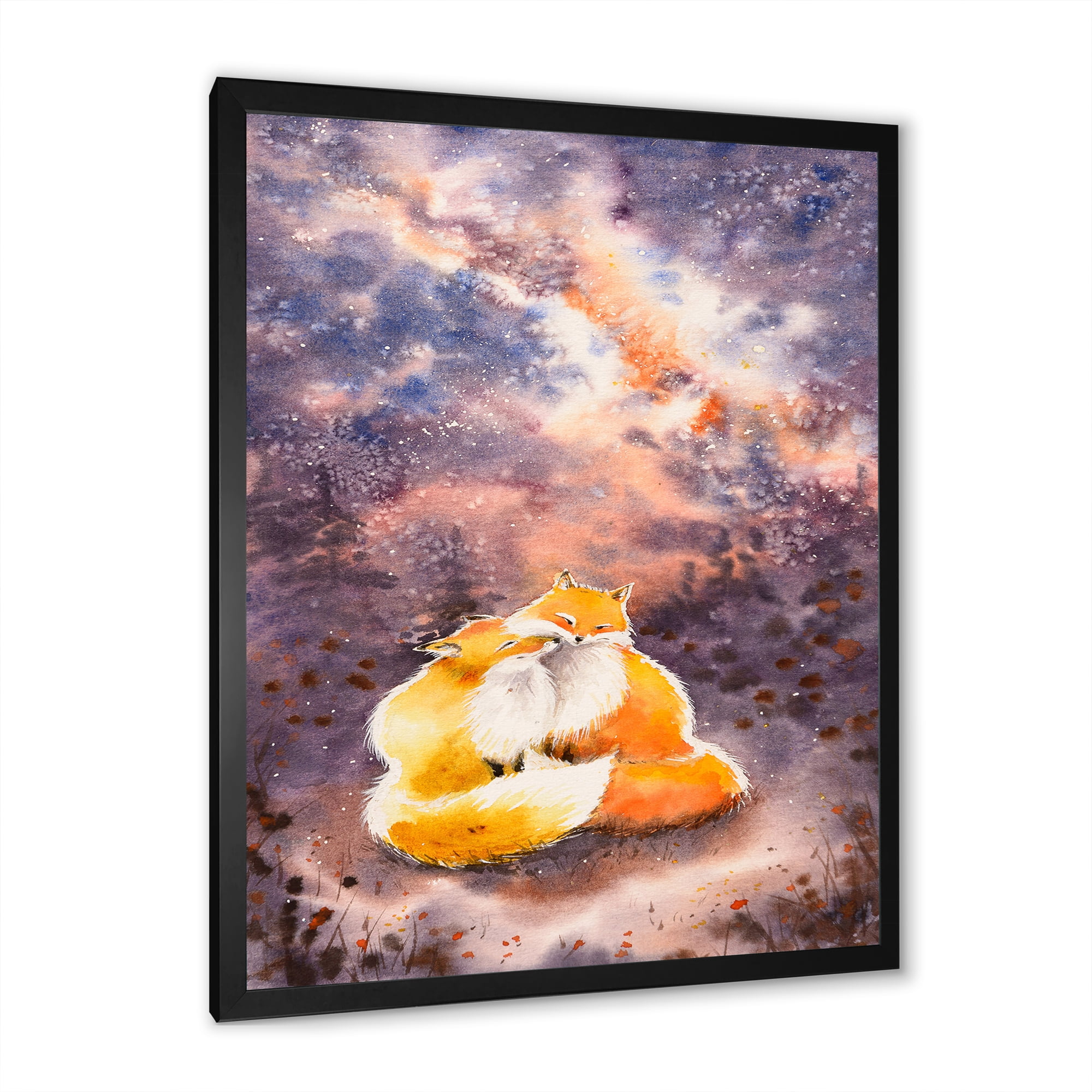 Designart 'Foxes Over A Night Sky Hugging ' Children's Art Framed Art Print