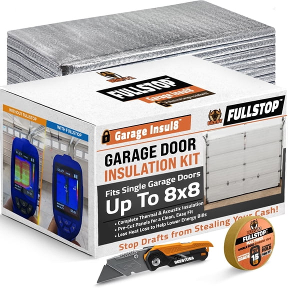 BEEST FULLSTOP Garage Door Insulation Kit - 8x7 & 8x8 ft Single Garage Door Insulation Panels - 8 Pre-Cut 24x48 Foam-Core Panels w/ Tape, Cutter & Squeegee - Easy DIY For Instant Temperature Control