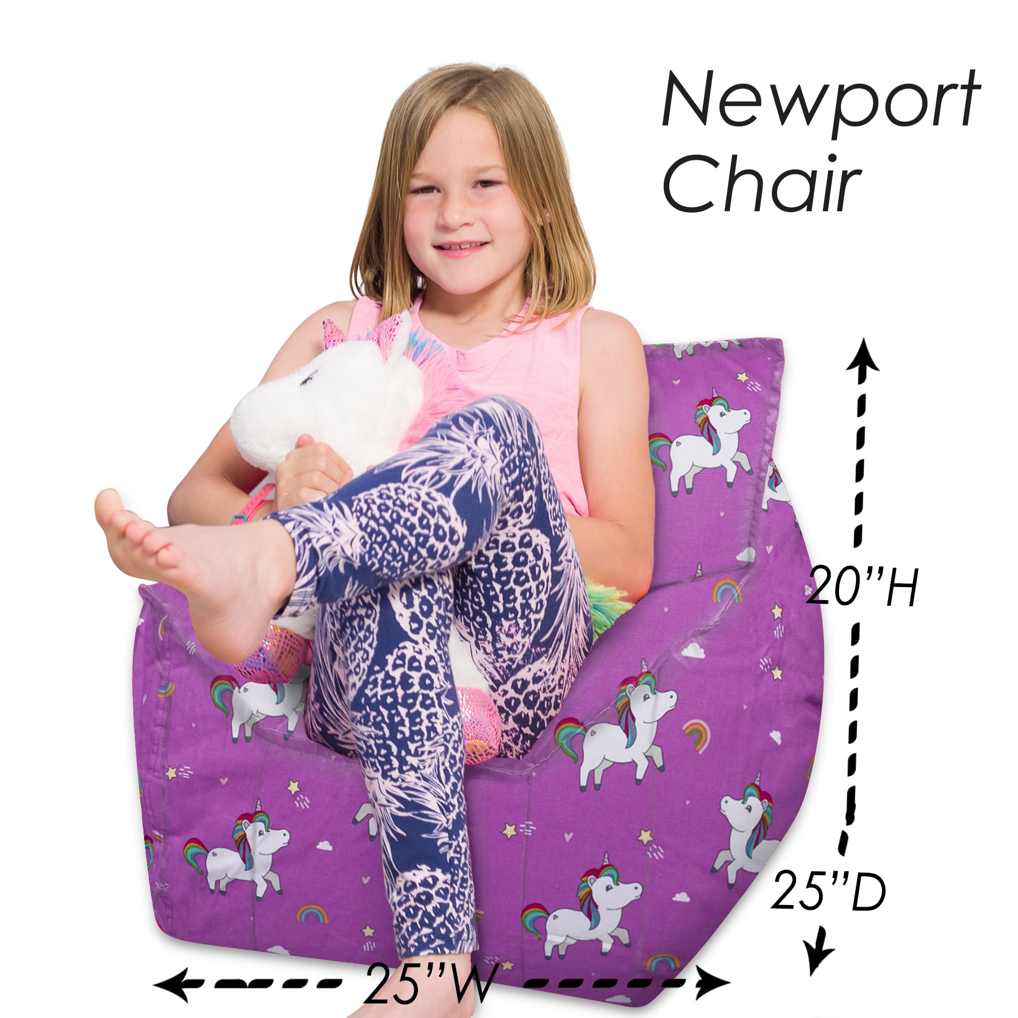 Posh Creations Newport Bean Bag Chair, Bead Filled Seat, Kids & Teens, Canvas, 2.1 ft, Unicorns and Rainbows on Purple