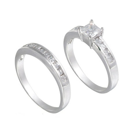 5mm Square Princess White CZ Engagement or Wedding Band Ring Set Sterling Silver
