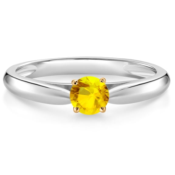 Gem Stone King 925 Silver and 10K Yellow Gold Ring Yellow Sapphire Solitaire Engagement Ring for Women (0.36 Cttw, Gemstone September Birthstone, Round 4MM, Size 6)