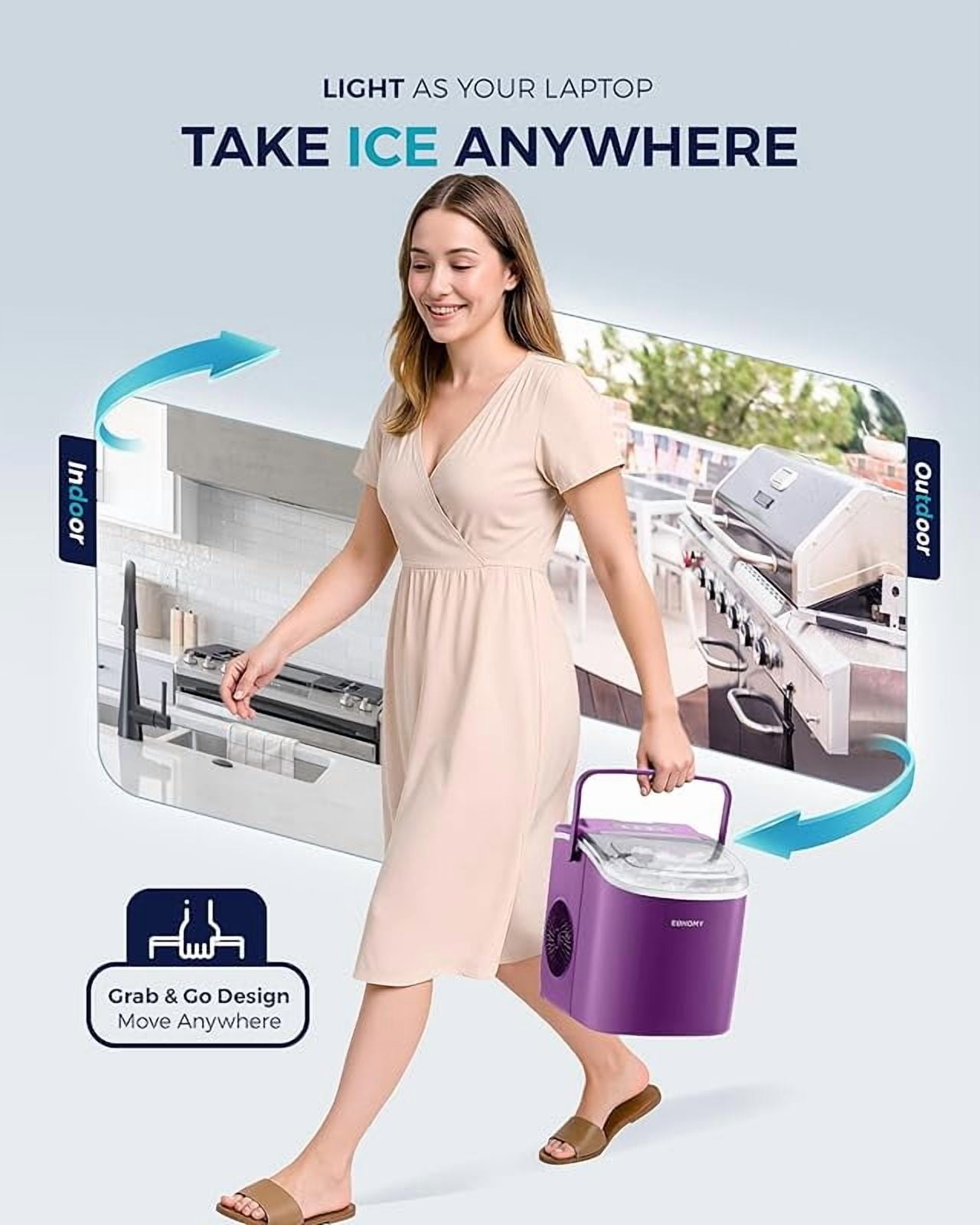 Countertop Ice Maker Machine with Handle, 26lbs Per Day, 9 Ice Cubes Ready in 6 Mins, Auto-Cleaning Portable Ice Maker with Basket and Scoop, for Home/Kitchen/Camping/RV (Purple)