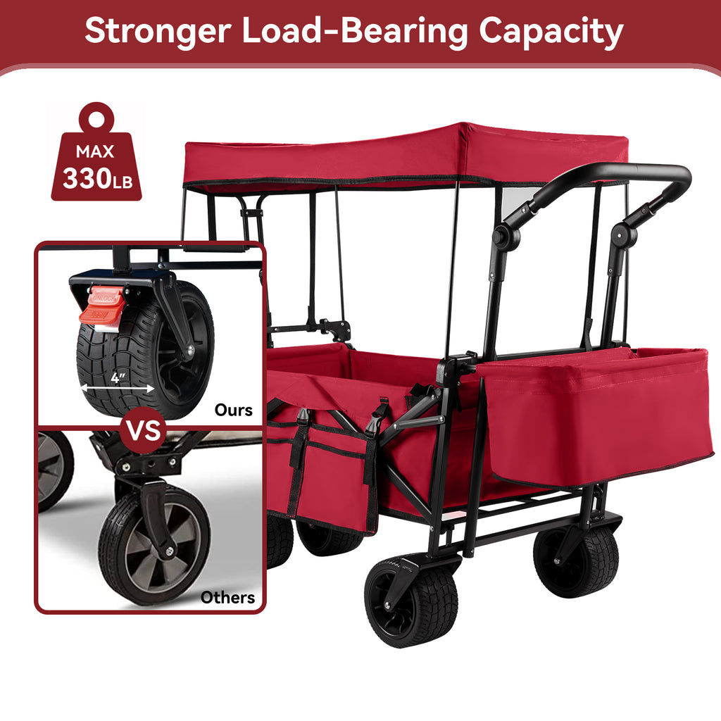 Collapsible Garden Wagon Cart with Removable Canopy, VECUKTY Foldable Wagon Utility Carts with Wheels and Rear Storage, Wagon Cart for Garden Camping Grocery Shopping Cart, Red - image 3 of 9