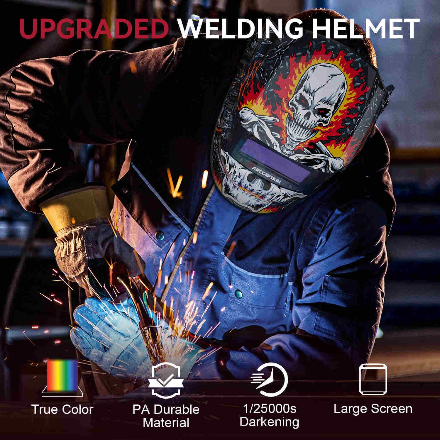 ARCCAPTAIN Auto Darkening Welding Helmet, 1/1/1/1 True Color Optical Clarity, 4 Arc Sensors 1/25000s Response, Solar Powered, Wide Shade 4/9-13, for TIG/MIG/ARC, Skeleton Knight Design