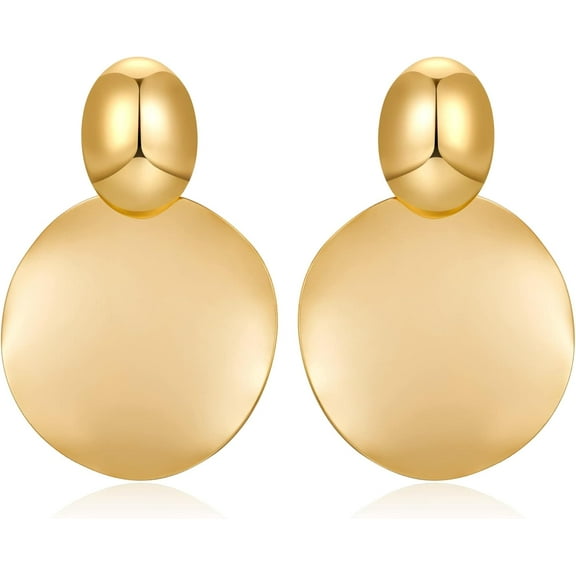 Big Disc Drop Earrings Gold Dangle Earrings Round Hammered Earrings Women