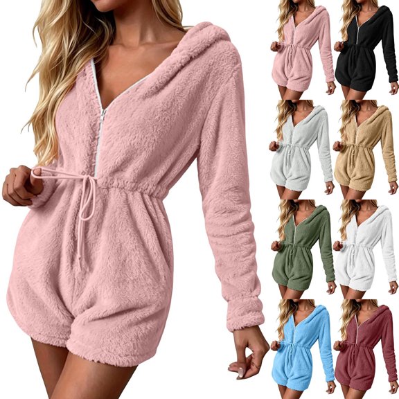 LEAVINGSUO Womens Winter Cozy Lounge Pants Solid-Color Long-Sleeve Fleece-Lined Warm Loungewear Jumpsuit With Pockets