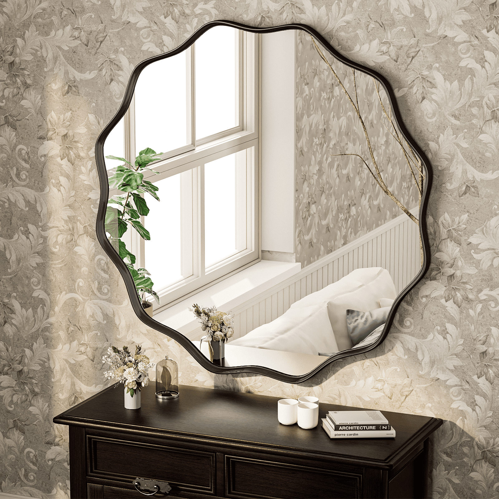 GRAHMCY 30" Wavy Round Bathroom Mirror Decorative Wall Mirror With Deep Frame, Black
