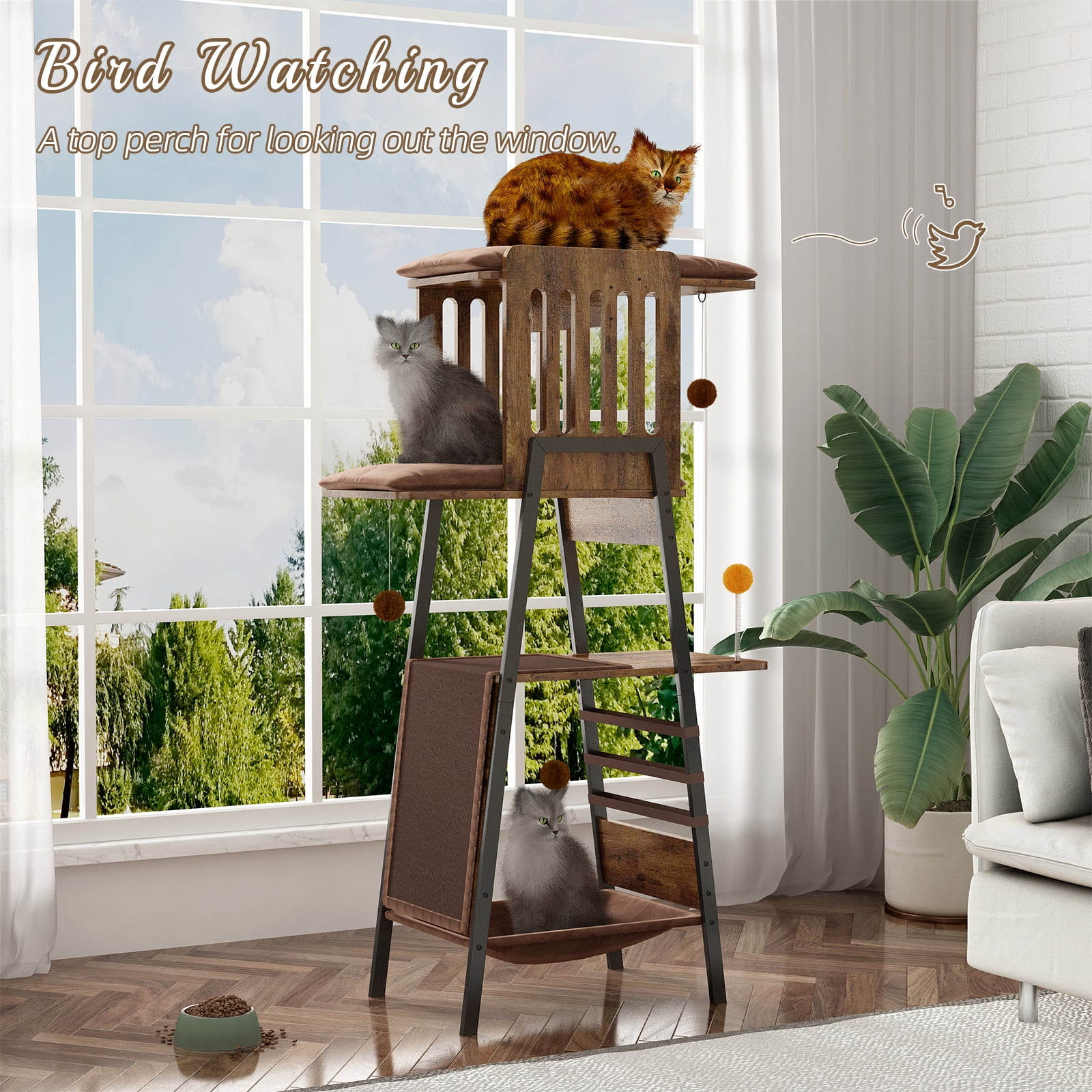 Modern Cat Tree, 58-Inch Cat Tower for Large Cats, Maine Coon Cat Tree with Scratching Board, Large Perch, Hammock and Removable Pads, Rustic Brown