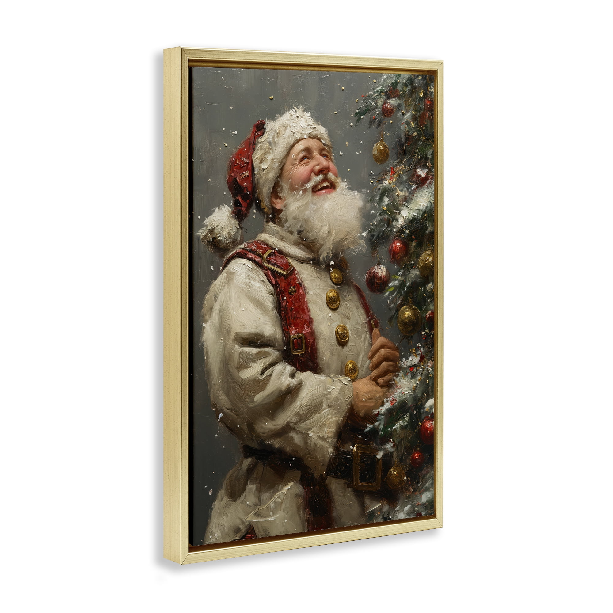 Stupell Industries Happy Santa & Tree Holiday Painting Gold Floater Framed Art Print Wall Art, 21 x 31