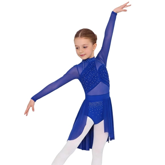 Choomomo Kids Girls Lyrical Dance Bodysuit Sparkle Rhinestone irregular Skirted Ballet Leotard Figure Skating Dress Royal Blue 6