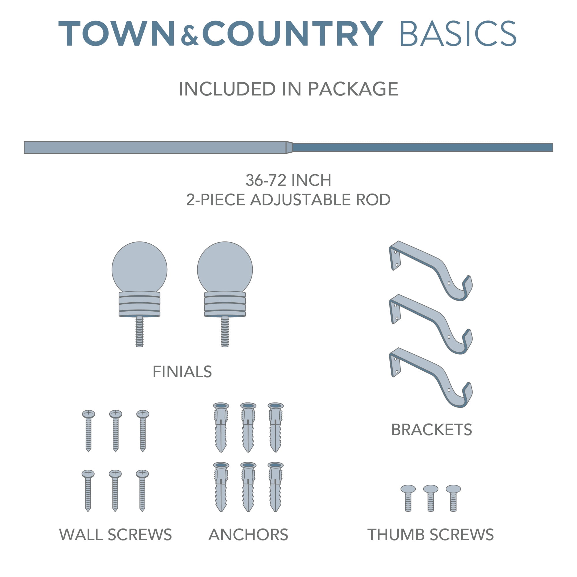 TOWN & COUNTRY BASICS Modern Sphere Single Indoor Curtain Rod and Finial Set, Easy Install Wall Mount, Matte Black, Adjustable 36”-72”