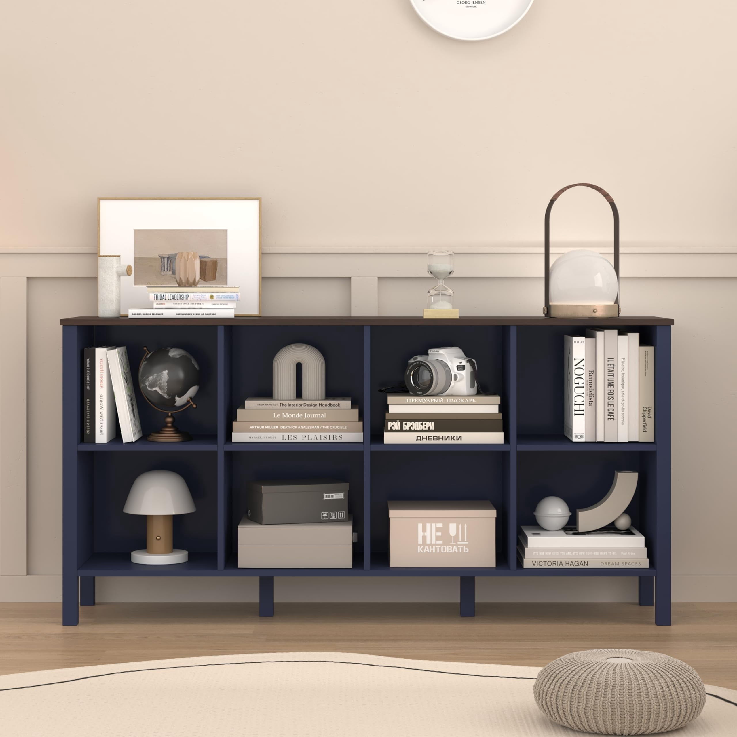 NEWADARA 8-Cube Bookcase, Farmhouse Wooden Bookshelf Low Storage Organizer, 59" Horizontal Navy Blue Console with Legs, Hallway Book Case for Entryway, Display Cabinet for Living Room (Navy Blue)