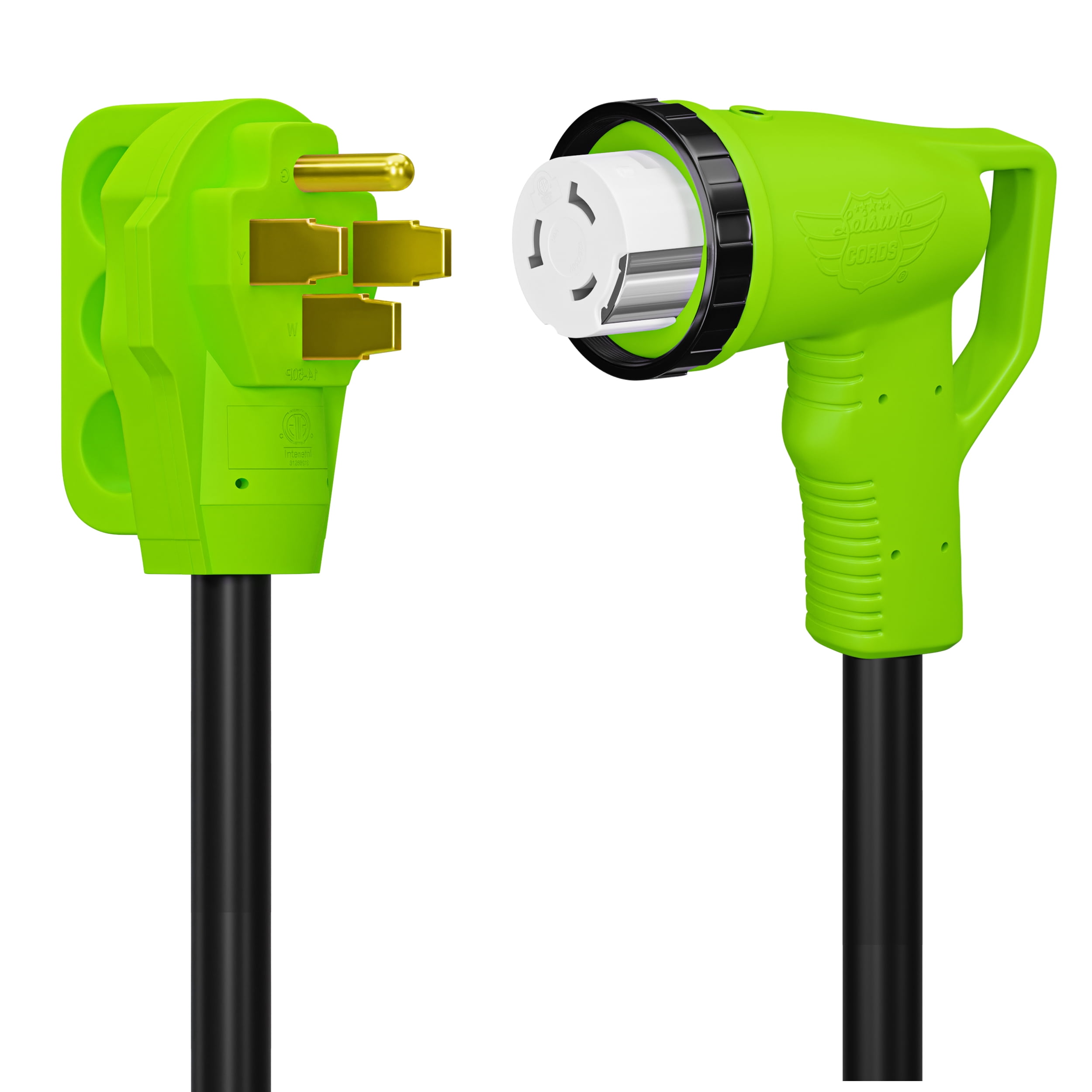 Leisure Cords 12" 90-Degree Dogbone RV Adapter 50 Amp Male and 50 Amp Female with Twist Lock and LED Power Indicator