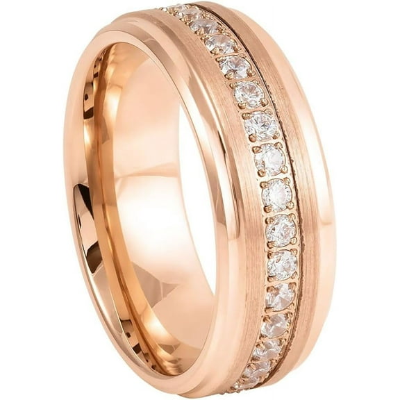 Ring for Men and Ladies Rose Gold IP Plated White CZ Round Cut Eternity – 8mm Wedding Band Ring Ideal Rings for Couples